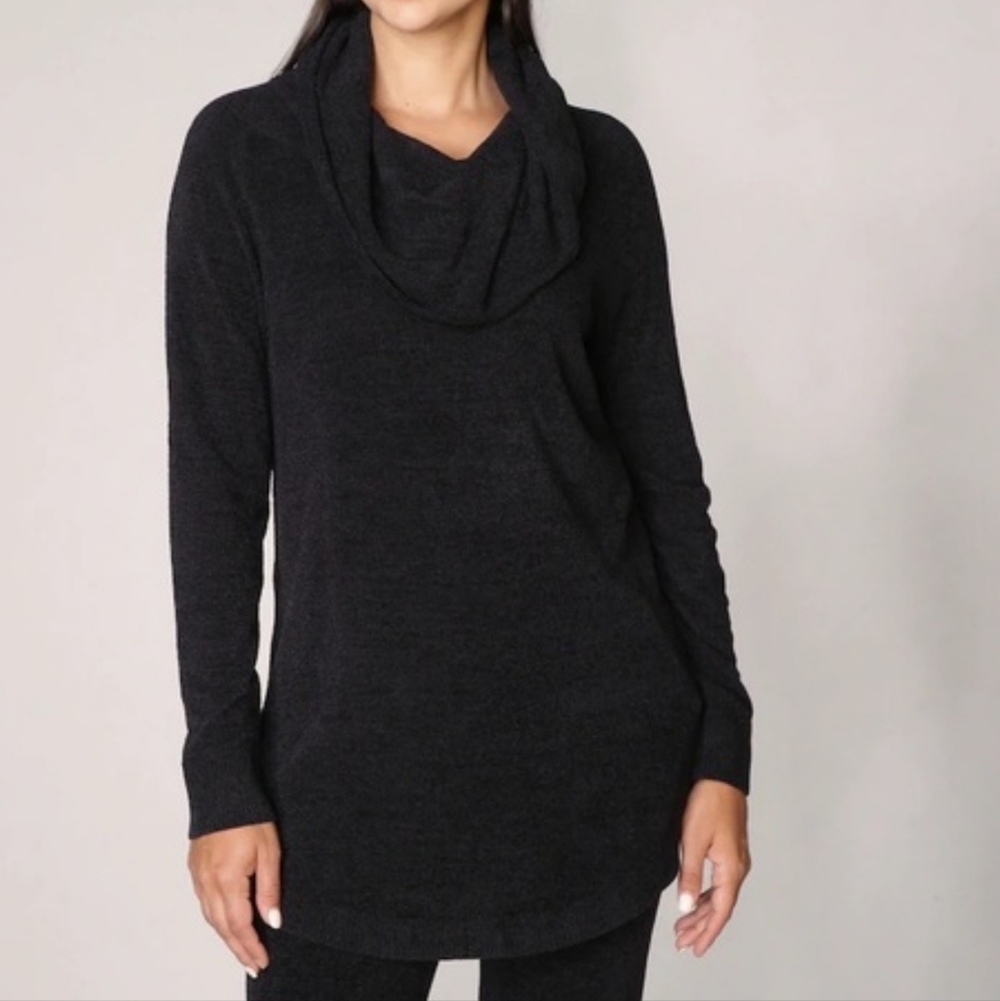 Barefoot Dreams Cozychic Ultra Lite Lagenlook Black Cowl Neck Tunic Pullover Lg